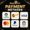 RoyalX777 Payment Methods icon featuring Easypaisa, JazzCash, Visa, Mastercard, PayPal, and Bank Transfer on a premium black and gold background.
