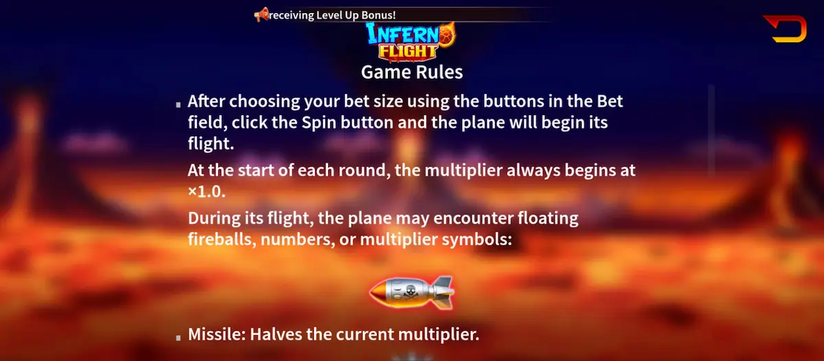 Inferno Flight Game rules showing bet, spin and multiplier system