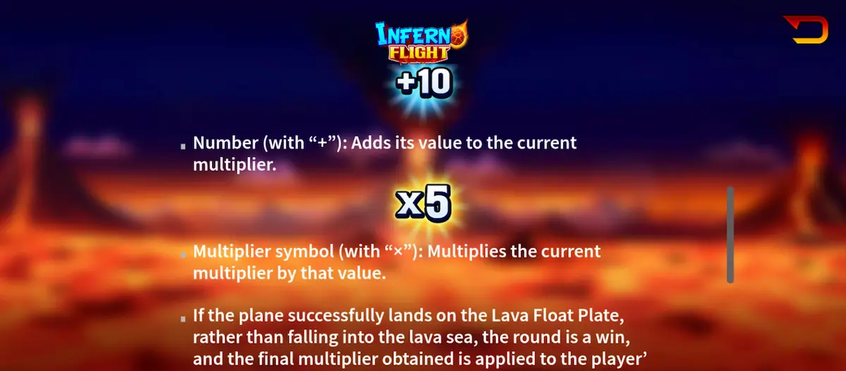 Inferno Flight Game rules showing plus numbers, multipliers and Lava Float Plate
