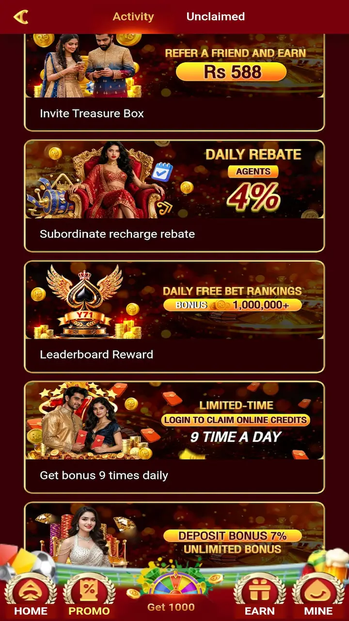 RoyalX777 rewards screen showing referral promotion, daily rebate, leaderboard rewards and bonus sections