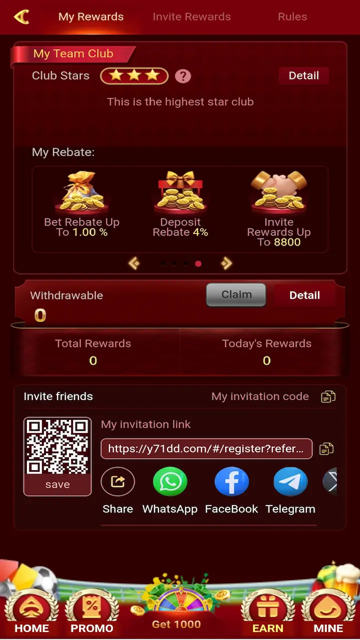 RoyalX777 referral rewards page showing invitation code, referral link, QR code and invite rewards