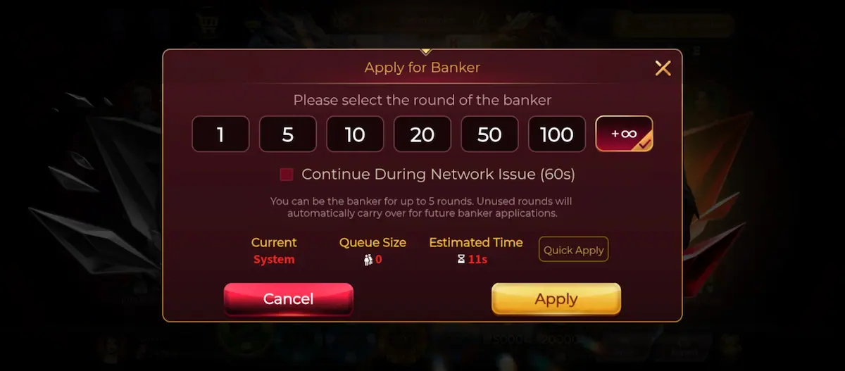 Dragon B tiger Apply for Banker Dragon B tiger Apply for Banker option and game interface