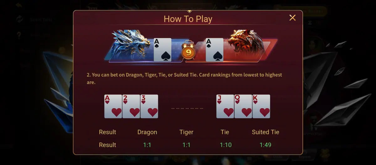 How to Play Dragon B tiger Dragon B tiger how to play instructions and card game interface