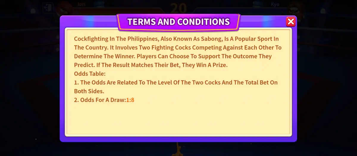 Sabong Game Terms and Conditions Sabong Game terms and conditions showing odds and betting rules