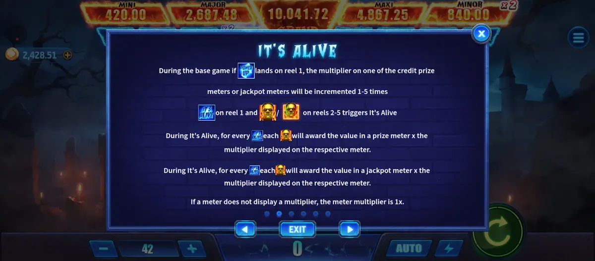 Mr Frankenstein Its Alive feature displayed during gameplay