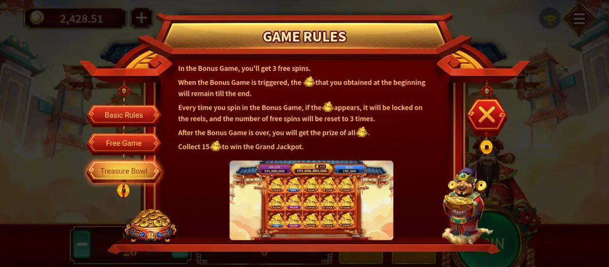 God of Wealth Treasure Bowl God of Wealth Treasure Bowl special feature screen