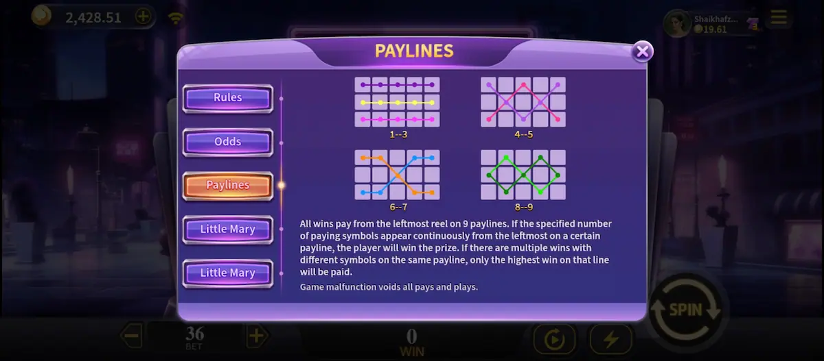 Fruit Mary Paylines Fruit Mary Game Paylines showing the available winning line patterns