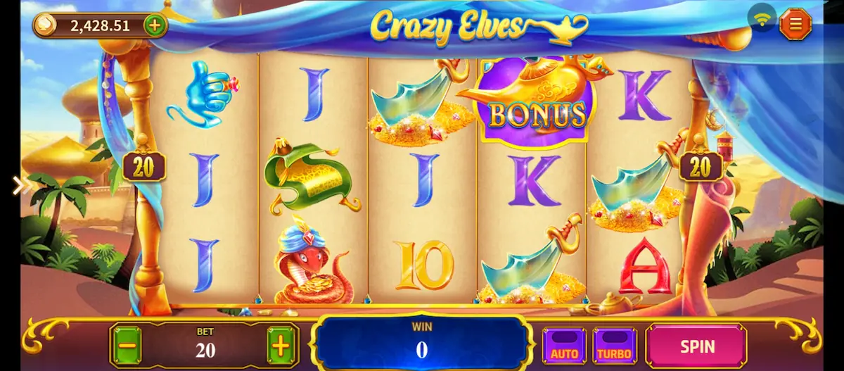 Crazy Elves Game Crazy Elves Game main screen with Arabian themed reels and treasure symbols